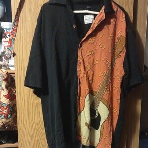 Men's Black and Orange Guitar Print Casual Button Down Shirt
